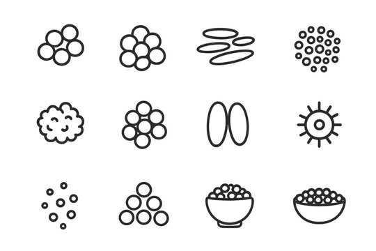 Fish Roe Icons. Fish roe. Line icon set of fish roe: salmon roe, trout roe, flying fish roe, sturgeon caviar, lumpfish roe, cod roe, herring roe, sea urchin