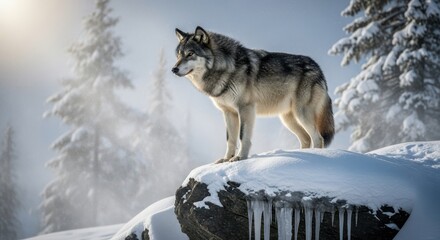 Majestic wolf standing on snowy rock winter landscape wildlife photography serene environment nature concept