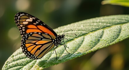Monarch butterfly on dew-kissed leaf natural habitat close-up photography tranquil environment artistic perspective