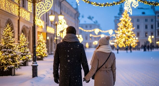 Couple enjoying a romantic winter walk festive city square holiday lights snowy environment evening view love and togetherness - Powered by Adobe