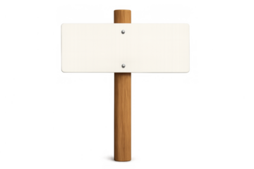 Blank directional sign on wooden post providing information, announcement, and message space with transparent background
