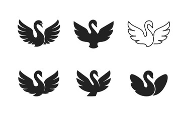Swan Logo Variations. Swans. Icon set. Set Logo of swans: swan wings outstretched in symmetrical balance. harmonious logo variations of the same emblematic