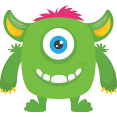 Green Cyclops Monster With Pink Mohawk And Yellow Horns Smiling With Blue Eyes On Transparent Background