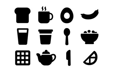 Fototapeta premium Morning Meal Icons. Morning meal. Solid icon set of morning meal: toast, coffee mug, egg, sausage, juice glass, yogurt cup, spoon, cereal bowl, waffle, teapot,