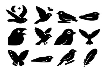 Obraz premium Nightjar Icon Set. Nightjar behavior. Solid icon set of Nightjar behavior: flying at dusk, insect hunting, resting on branch, camouflaged bird, open beak,