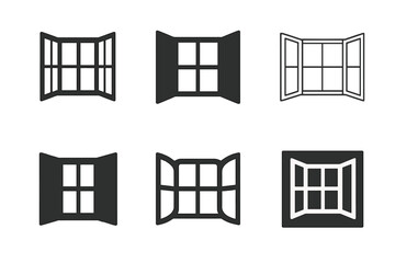 Open Window Icons. Open Window. Icon set. Set Logo of Open Window: Window frame with sunlight. harmonious logo variations of the same emblematic concept, each