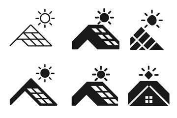 Fototapeta premium Solar Roofing Icons. Solar roofing systems. Icon set. Set Logo of solar roofing systems: installer hand with wrench over panel. harmonious logo variations of