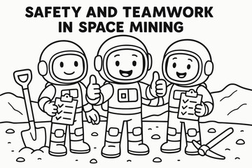 Space Mining Adventure. Safety and teamwork in space mining children?s coloring book illustration, outlined drawing, team of astronauts giving thumbs-up