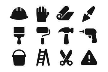 Obraz premium Construction Safety Icons. Construction site safety. Solid icon set of construction site safety: helmet, gloves, membrane roll, trowel, brush, roller, hammer,
