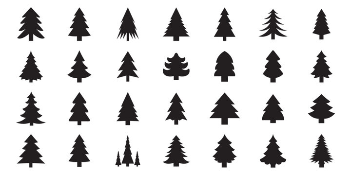 Pine tree vector. Pine icon set. Christmas tree silhouette bundle, black pine icons with varied shapes and trunks, minimalist holiday vector set for seasonal design and decoration.