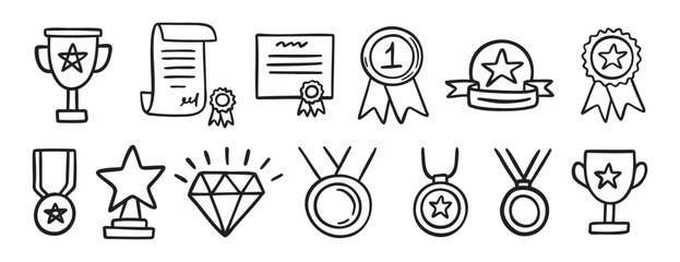 Obraz premium medal honor award related doodle hand drawn icon set. Outline drawing winner line clipart symbol collection
