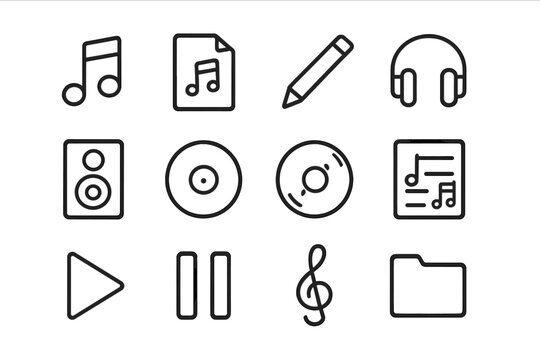 Digital Music Icons. Digital music playlist. Line icon set of Digital music playlist: music note, sheet of paper, pencil, headphones, speaker, record, CD,