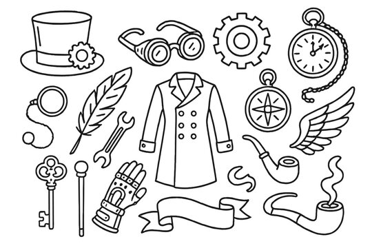 Steampunk Essentials Icons. Steampunk accessories. Hand-drawn doodle illustration Steampunk accessories top hat, goggles, gear, clock, feather, monocle,