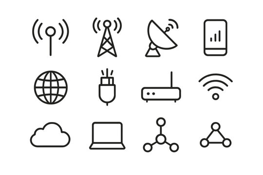 Telecommunication Icon Set. Telecommunication. Line icon set of Telecommunication: antenna, radio tower, satellite dish, phone signal, globe, fiber cable,