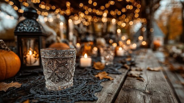 Festive autumn table setting with pumpkins candles and lights for a celebration.