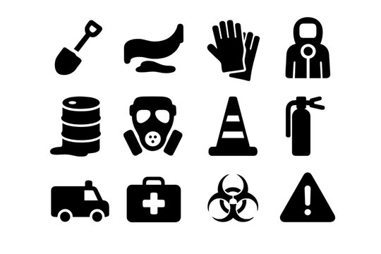 Spill Cleanup Icons. Spill Cleanup. Solid icon set of Spill Cleanup: shovel, containment barrier, safety gloves, hazmat suit, chemical barrel, gas mask, safety