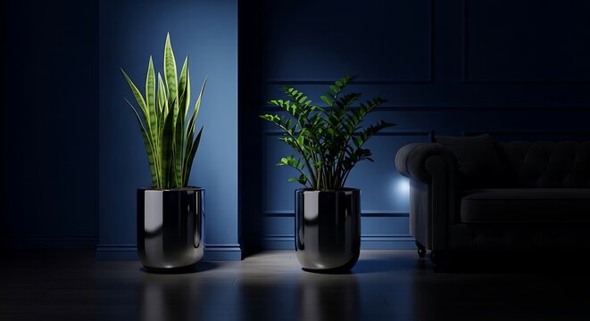 Sleek houseplants accenting a modern, sophisticated dark blue interior