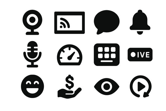 Live Streaming Icons. Live Streaming. Solid icon set of Live Streaming: webcam, stream overlay, chat bubble, subscriber bell, microphone, bitrate meter, stream