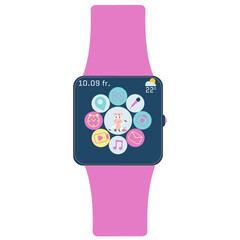 Smartwatch for kids, unicorn in the center, game console, microphone, music notes, clock, alarm clock, map, video, camera, functions