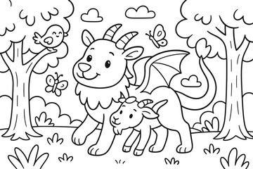 Fototapeta premium Cheerful Chimera Adventure. Friendly fantasy forest children?s coloring book illustration, outlined drawing, a cheerful chimera walking among trees with