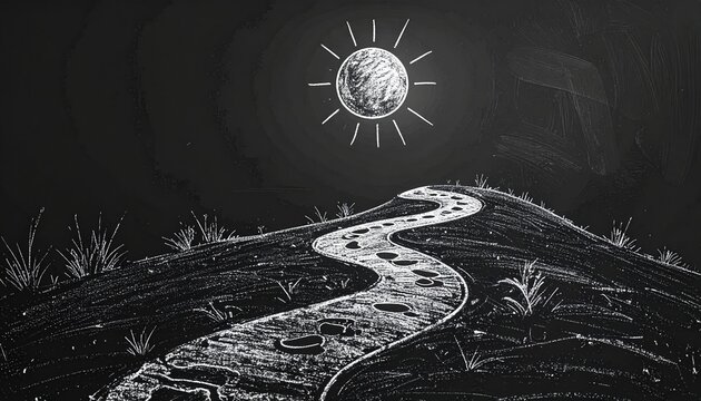 Chalk drawing of winding path under sun symbolizing journey and hope. Inspirational concept of life progress and future goals with white footprints leading toward bright horizon on blackboard