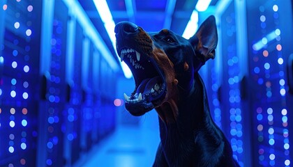 Angry doberman dog showing teeth inside a server room under blue neon light, symbolizing digital threat, cyber attack and data protection warning