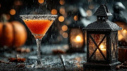 Orange cocktail in a glass with a lantern and pumpkin on a table.