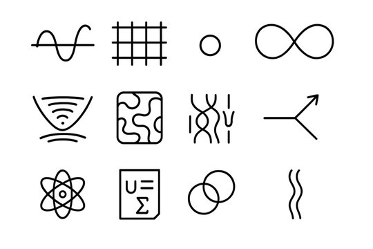 Quantum Cosmology Icons. Quantum cosmology. Line icon set of quantum cosmology: wave-particle duality, Planck scale grid, singularity dot, entanglement link,