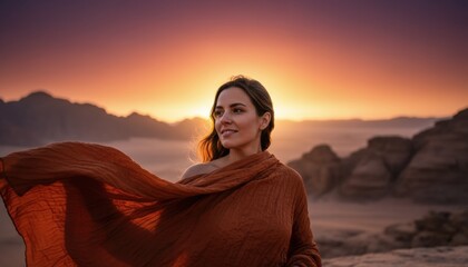 A glowing desert sunset frames a woman with flowing fabric which can symbolize freedom themes and transformative travel moments. 