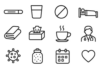 Fever Treatment Icons. Fever treatment. Line icon set of fever treatment: thermometer, water glass, medicine pill, rest in bed, blanket, tissue box, cold