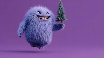 Funny fluffy purple monster posing with small christmas tree on purple background for holiday celebration - Powered by Adobe