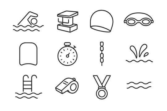 Freestyle Swim Icons. Freestyle swimming. Line icon set of freestyle swimming: swimmer, starting block, swim cap, goggles, kickboard, stopwatch, lane rope,