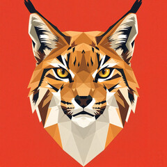 Geometric illustration of a lynx's face with a striking gaze against a red background