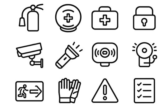 Home Safety Icons. Home safety tools. Line icon set of Home safety tools: smoke detector, fire extinguisher, first aid kit, lock, security camera, flashlight,