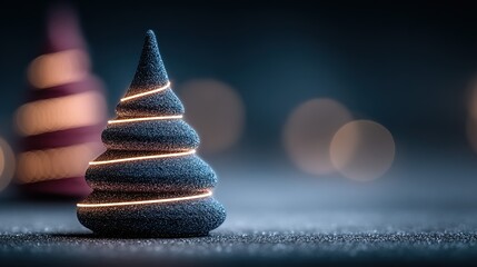 Two stylized christmas trees one with lights on a dark surface.