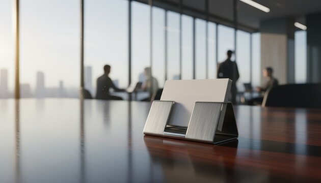 A metal card holder stands on a polished table symbolizing corporate identity, professionalism, and networking in contemporary business culture. The blurred colleagues imply strategic collaboration