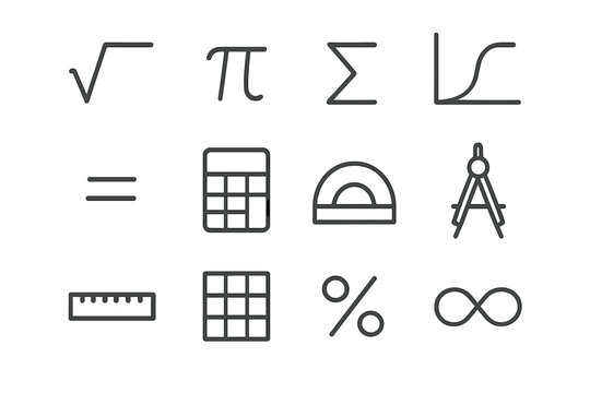 Mathematical Icon Set. Mathematical formulas. Line icon set of mathematical formulas: square root symbol, pi symbol, sigma summation, function graph, equation
