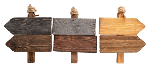Three weathered wooden directional signs
