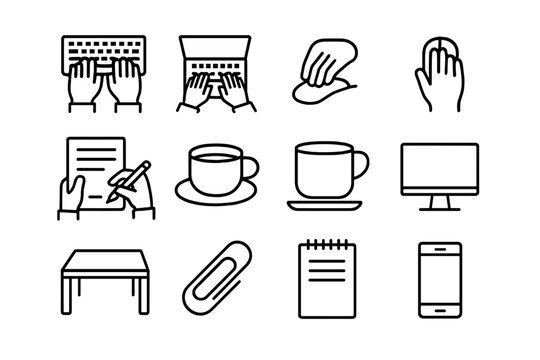 Professional Hands Icons. Close-Up of Professional People?s Hands Typing. Line icon set of Close-Up of Professional People?s Hands Typing: keyboard, laptop,