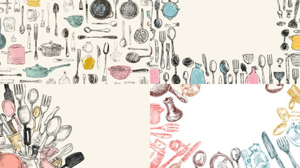 Playful kitchen themed corner illustrations with utensils pots pans and cooking tools in soft textured colors. Great for recipe cards food blogs menus and culinary creative layouts.