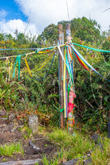 Fototapeta premium Colorful ribbons adorn a post in a lush natural setting, symbolizing cultural rituals.