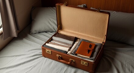 Open vintage suitcase with neatly packed clothes on a bed. Preparation for a travel journey or vacation. Wanderlust and adventure concept