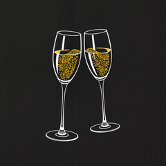 Two champagne glasses clinking in celebration against a black background