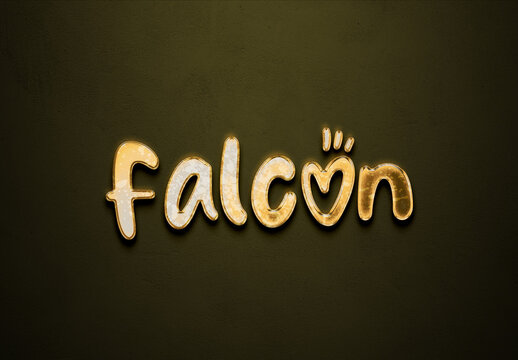 Old gold text effect of word Falcon with 3D glossy style Mockup.