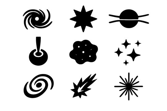 Cosmic Phenomena Icons. Cosmic phenomena. Solid icon set of Cosmic phenomena: black hole, supernova, pulsar, quasar, nebula, star cluster, galaxy arm, cosmic