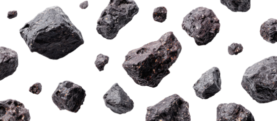 Dark grey rocks of various shapes and sizes scattered against a black background