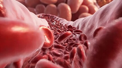 Dynamic flow of red blood cells and white blood cells inside a blood vessel, showcasing human biology and circulatory system health - Powered by Adobe