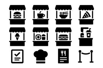 Mall Restaurant Icons. Mall restaurants. Solid icon set of Mall restaurants: burger stand, coffee shop, noodle bar, pizza counter, dessert stall, sushi