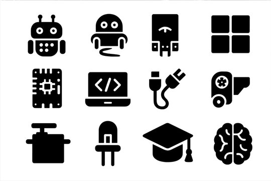 Educational Robot Icons. Educational Robots. Solid icon set of Educational Robots: coding bot, line follower, light sensor, color blocks, circuit board,