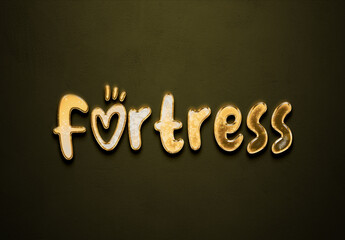 Old gold text effect of word Fortress with 3D glossy style Mockup.